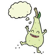 cartoon happy dancing pear with thought bubble N8