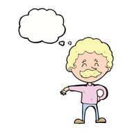 cartoon man making camp gesture with thought bubble N25