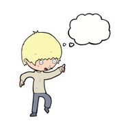 cartoon worried boy pointing with thought bubble N9