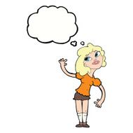 cartoon woman waving with thought bubble N289