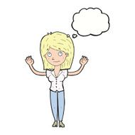 cartoon woman holding up hands with thought bubble N16