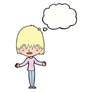 cartoon woman shrugging shoulders with thought bubble N409