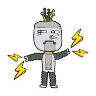 cartoon waving robot with thought bubble N17