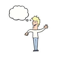 cartoon happy man waving with thought bubble N30