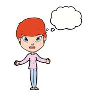 cartoon woman shrugging shoulders with thought bubble N410