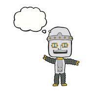 cartoon waving robot with thought bubble N18