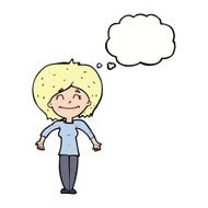 cartoon woman shrugging shoulders with thought bubble N411