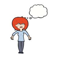 cartoon woman shrugging shoulders with thought bubble N412
