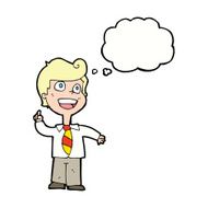cartoon school boy raising hand with thought bubble N9