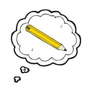 cartoon pencil with thought bubble