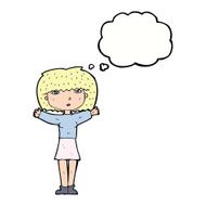 cartoon woman raising arms in air with thought bubble N9