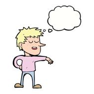 cartoon man making dismissive gesture with thought bubble N16