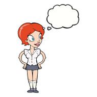 cartoon happy woman in short skirt with thought bubble N9