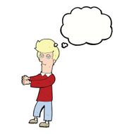 cartoon bored man showing the way with thought bubble N9