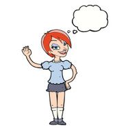 cartoon waving woman with thought bubble N120