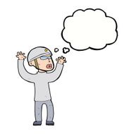 cartoon security man panicking with thought bubble N9