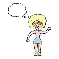 cartoon waving woman wearing spectacles with thought bubble N9