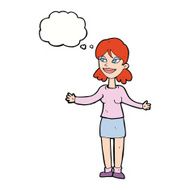 cartoon happy woman shrugging shoulders with thought bubble N17