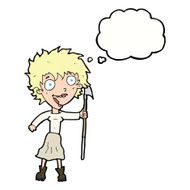 cartoon crazy woman with spear thought bubble N9