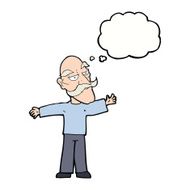 cartoon old man spreading arms wide with thought bubble N8