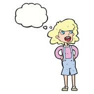 cartoon woman in dungarees with thought bubble N5