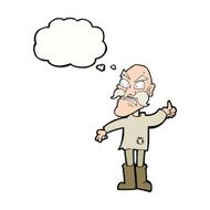 cartoon angry old man in patched clothing with thought bubble N8