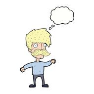 cartoon man with mustache waving thought bubble N25