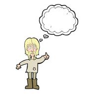 cartoon hippie man giving thumbs up symbol with thought bubble N8
