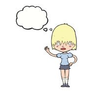 cartoon waving woman with thought bubble N121