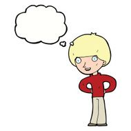 cartoon happy boy with hands on hips thought bubble N8