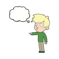 cartoon pointing boy with thought bubble N26