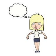 cartoon woman shrugging shoulders with thought bubble N414