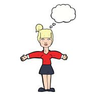 cartoon woman shrugging shoulders with thought bubble N415