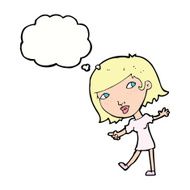 cartoon happy girl gesturing to follow with thought bubble N9