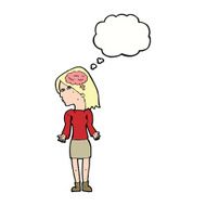cartoon clever woman shrugging shoulders with thought bubble N9