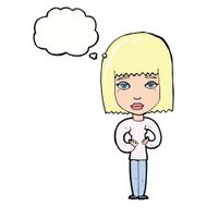 cartoon woman indicating self with thought bubble N9