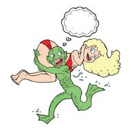cartoon swamp monster carrying girl in bikini with thought bubbl N7