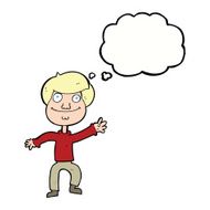 cartoon happy man waving with thought bubble N31