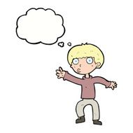 cartoon boy waving warning with thought bubble N9