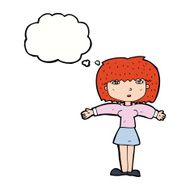 cartoon woman shrugging shoulders with thought bubble N417