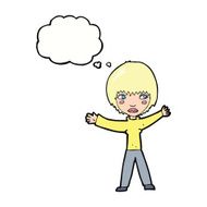 cartoon waving woman with thought bubble N126