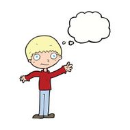 cartoon happy waving boy with thought bubble N17