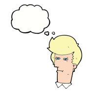 cartoon man narrowing eyes with thought bubble N34