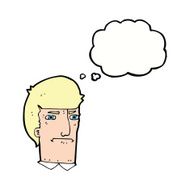 cartoon man narrowing eyes with thought bubble N35