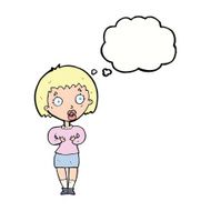 cartoon woman making Who Me? gesture with thought bubble N37