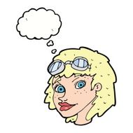 cartoon happy woman wearing aviator goggles with thought bubble N9