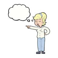 cartoon friendly woman pointing with thought bubble N9