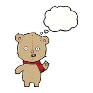 cartoon waving teddy bear with scarf thought bubble