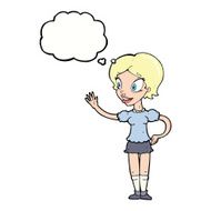 cartoon waving woman with thought bubble N127