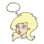 cartoon pretty surprised woman with thought bubble N8